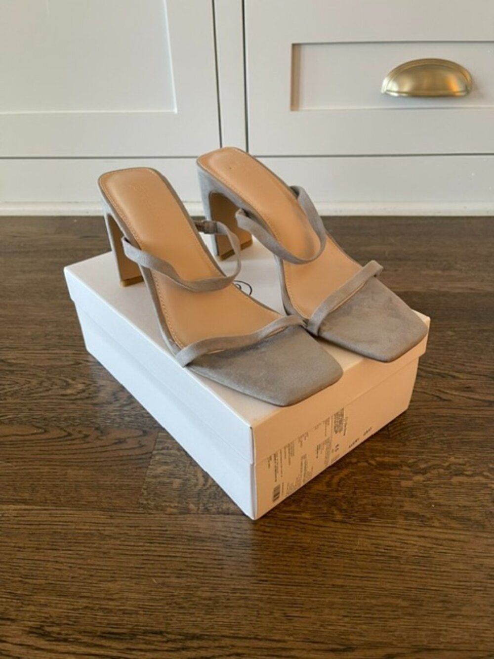 The Drop Avery Grey Faux Suede Square Toe Two Strap Heel Sandals - (NWOT)